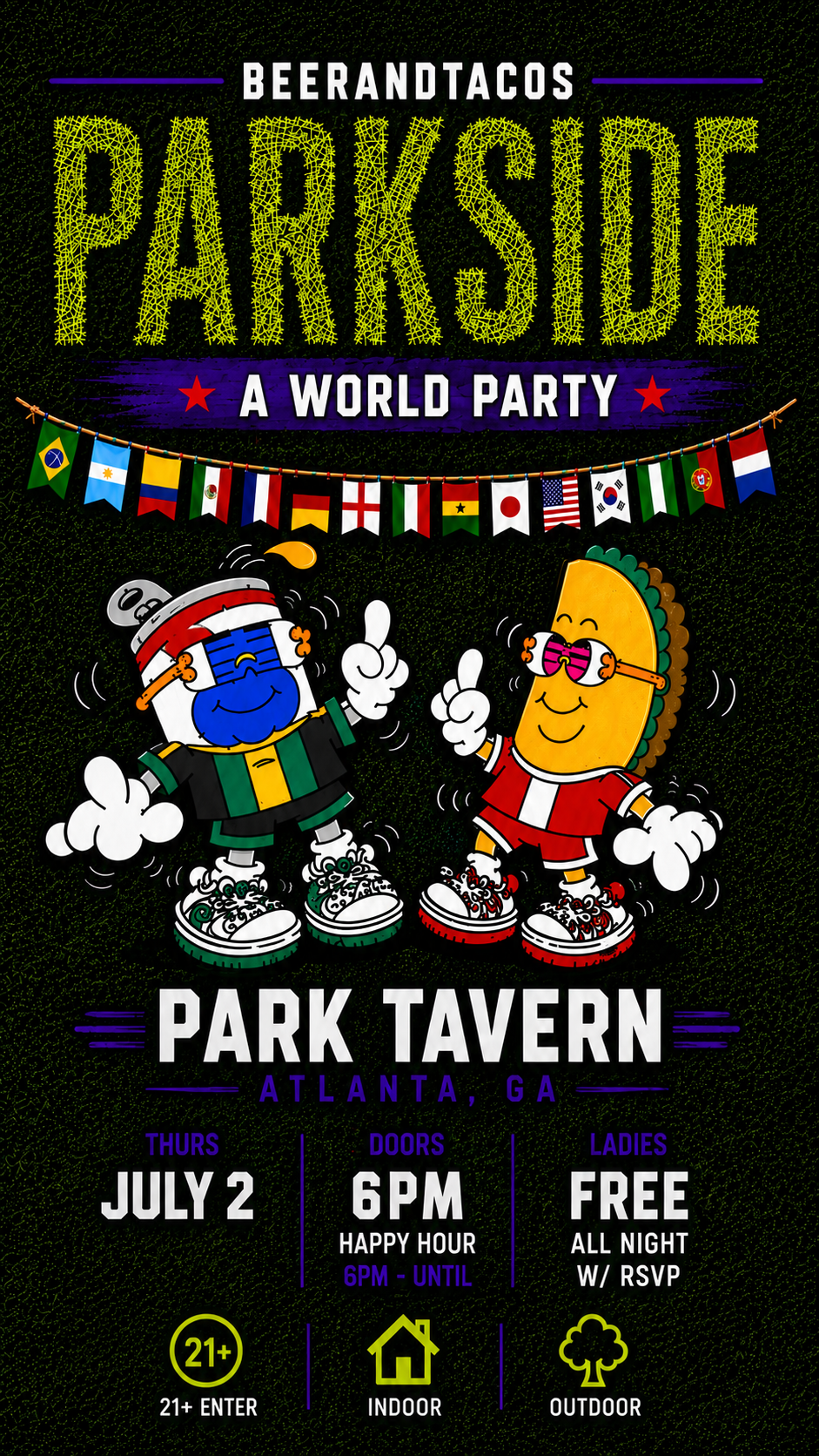 BEERANDTACOS · PARKSIDE · A WORLD PARTY